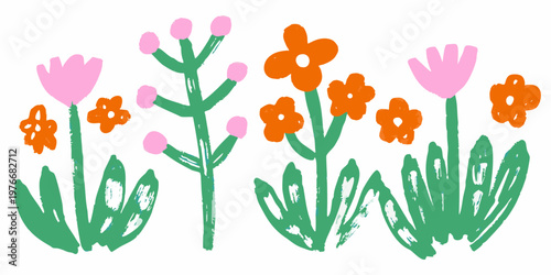 Simple illustration of colorful flowers and green stems on white background