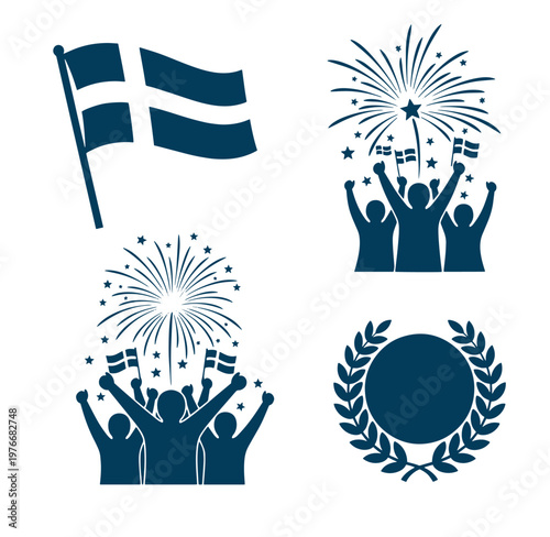 Finlandia national symbols set with flag people fireworks and laurel wreath