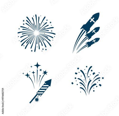 Fireworks and rockets icons on white background for celebration and party designs
