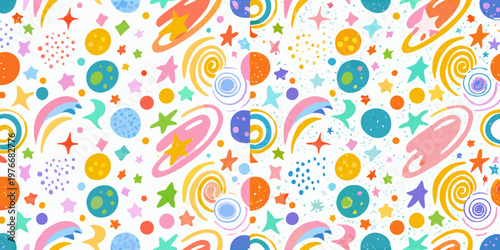 Colorful pattern featuring planets stars and swirling galactic shapes