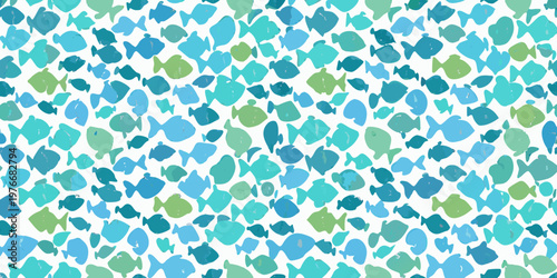 Colorful abstract pattern of fish shapes in varying shades of blue and green
