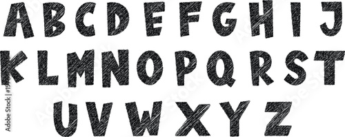 Hand drawn grunge alphabet vector with textured uppercase letters A to Z. Rough brush style typography set for posters, logos, and creative design projects. Vintage distressed font illustration 