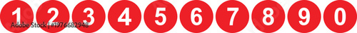 Set of red circular number icons from zero to nine with white digits in clean modern style isolated on light background for UI design apps buttons infographics labels and digital interfaces