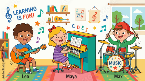 Children learning music with instruments.