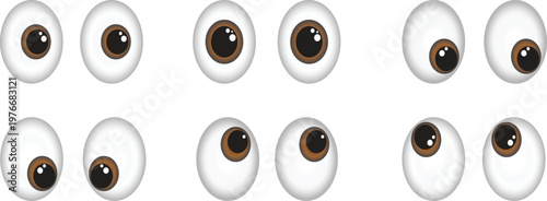 Cartoon eyeball icon set with expressive pupil directions and glossy highlights. Cute 3D style eyes isolated for character design, UI elements, and animation assets. Vector collection of looking 