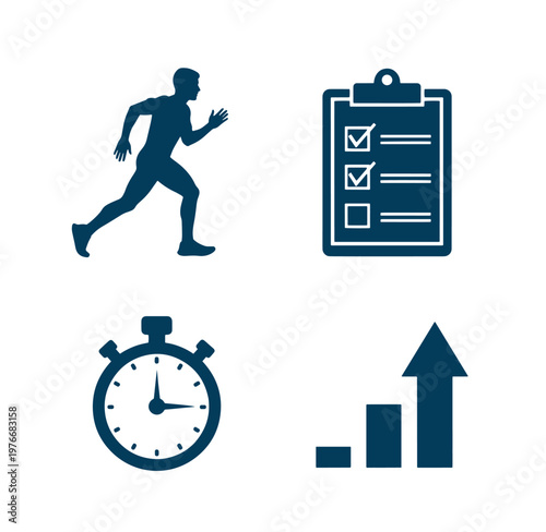 icons of man running fast with stopwatch and clipboard checklist and graph with arrow going up