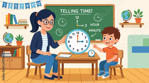 A teacher and student learning to tell time.