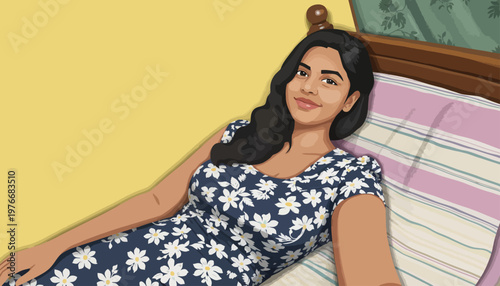 Young woman relaxing on striped bed in bright bedroom with floral dress and natural lighting