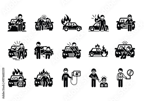 Set of vector silhouettes and business pictograms featuring black stick figures of a family, children, dog, and diverse group icons in a professional cartoon illustration concept