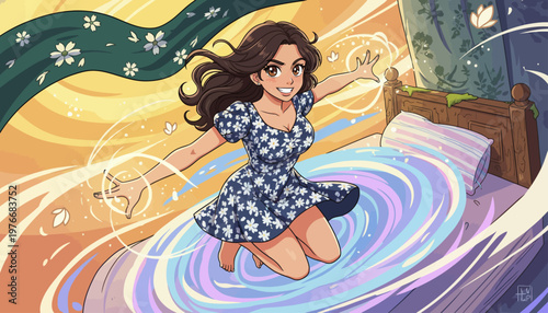 Young Woman with Flowing Hair Levitating Above Bed, Surrounded by Magical Swirls and Flowers in a Bedroom