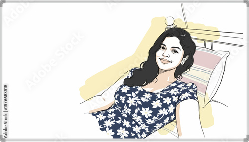 Smiling woman with wavy dark hair wearing a floral top, lying on a bed with a pillow, bright daylight