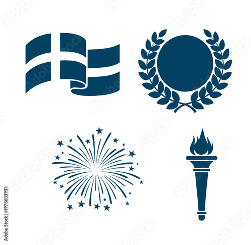 Set of four blue icons for celebration and achievement  flag laurel wreath fireworks torch on white