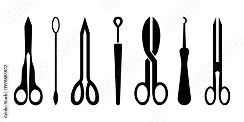 Crochet starter kit with hooks yarn scissors silhouette vector illustration for textile craft equipment set