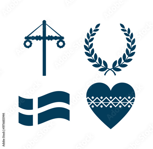 set of four blue Scandinavian design elements including laurel wreath heart flag and scales on white background