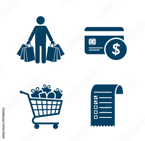 Shopping icons with person holding bags credit card shopping cart and receipt