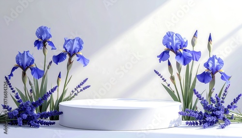 A serene still life with purple flowers and a white cylinder (1)