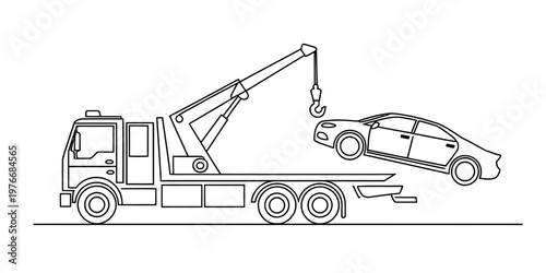 A simple black and white line drawing of a tow truck lifting a small car for coloring activities Vector, illustration