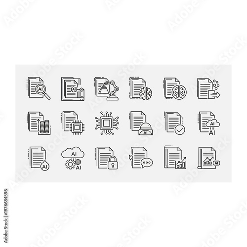 Set of digital file management and data processing line icons with document