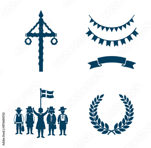Silhouette icons of people celebrating with flags and banners and laurel wreath