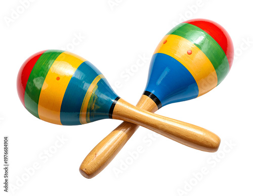 Two brightly colored wooden maracas crossed on a white background