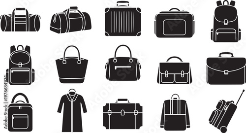 Travel Luggage and Bag Vector Silhouette Set Featuring Backpacks Suitcases Briefcases and Duffel Bags