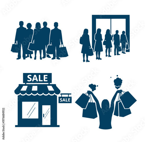 Silhouette of people shopping and sale signs on white background