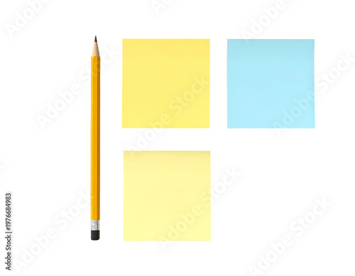 Pencil next to three square note papers