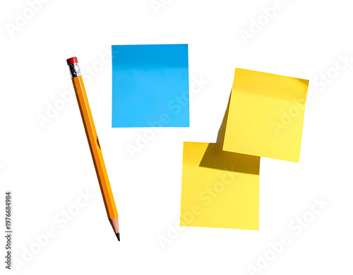 Pencil and three colorful adhesive notes on a white background
