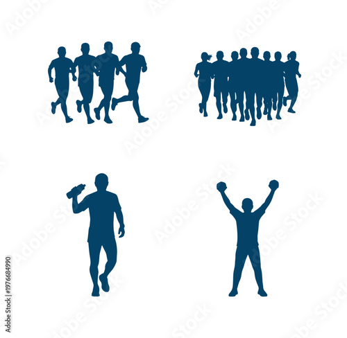 Silhouettes of people running and exercising in various poses and group settings for fitness and sports concepts