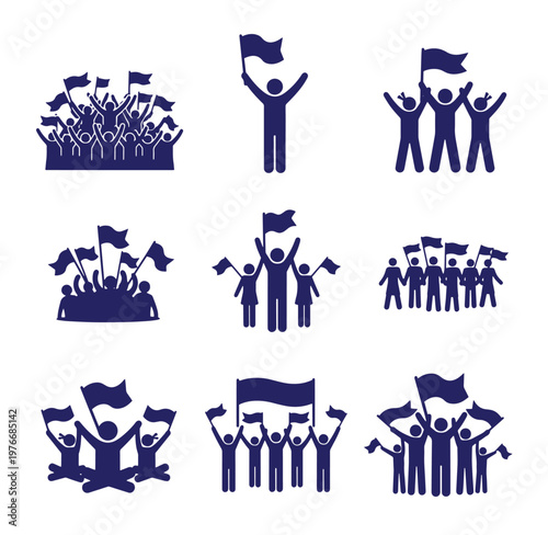 stick figures holding flags in various poses on white background