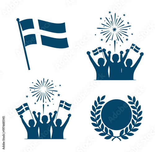 Sweden flag and people celebrating with fireworks and laurel wreath icons