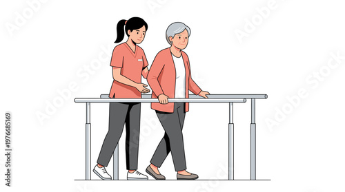 Elderly Woman in Physical Therapy Practicing Walking with Parallel Bars and Caregiver Assistance Vector Illustration