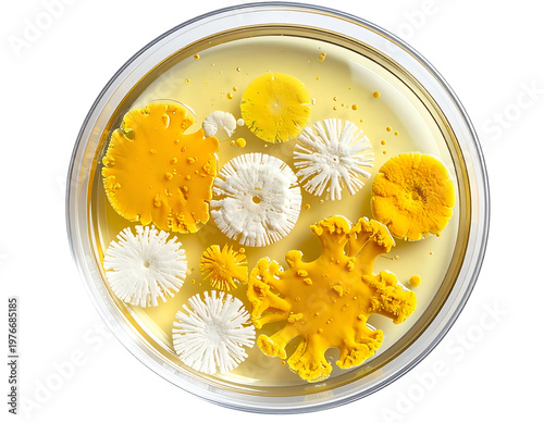 Petri dish with vibrant yellow and white microbial colonies