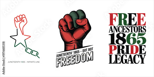 Juneteenth 1865 raised fist symbols star chain text graphics freedom clenched fist
