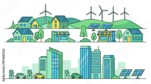 Green City and Sustainable Living Concept Illustration: Renewable Energy, Solar Panels, Wind Turbines, and Electric Vehicle Charging Stations for an Eco-Friendly Future