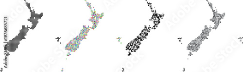 A collection of New Zealand political vector country infographic map design with geometry round style different size dot pattern art
