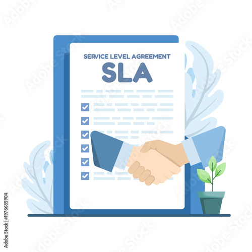 Creative illustration of SLA agreement, emphasizing service commitment, uptime guarantee, availability management, and resolution support for operational reliability.