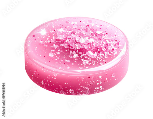 Glossy, pink, translucent candy with shimmering particles
