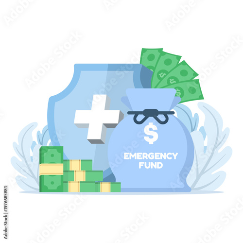 Emergency fund concept with medical shield symbol, highlighting financial backup, health protection, unexpected cost coverage, and secure personal finance planning.