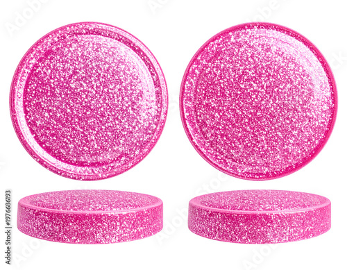 Four views of a sparkling, round, pink, effervescent tablet
