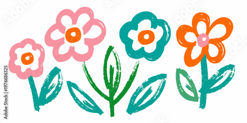 Colorful hand drawn flowers with simple shapes and bright hues