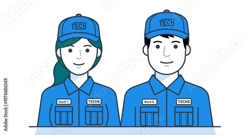 Flat vector illustration of male and female technical service workers in blue uniforms and caps