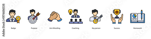 Leadership Coaching web banner icon vector illustration featuring Badge, Purpose, Arm Wrestling, Coaching, Key person, Success, and Homework for team and personal growth.