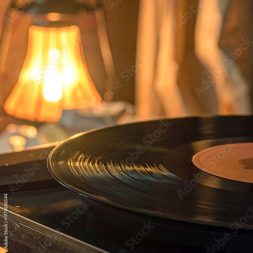 A close-up of a vinyl record on a turntable near a lit lamp