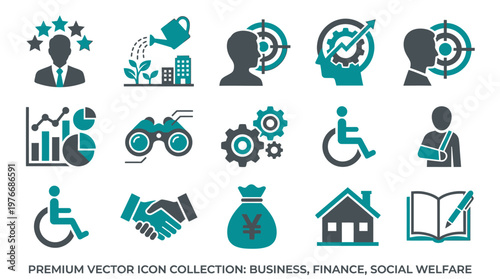 Business, Finance, and Social Welfare Vector Icon Set with Growth, Disability, Insurance, and Data Analytics Symbols