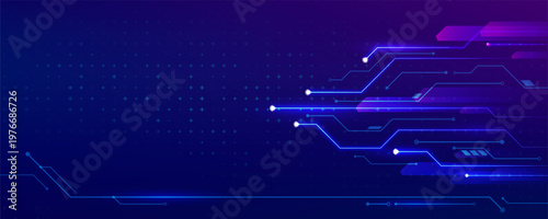 Futuristic blue circuit board technology background with glowing digital nodes