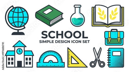 School Education Vector Icon Set - Supplies and Learning Equipment Illustration