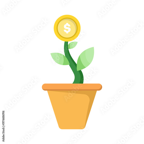Money tree finance concept showing investment growth, business profit, financial savings, dollar income, and environmentally conscious economic planning in a flat vector style.