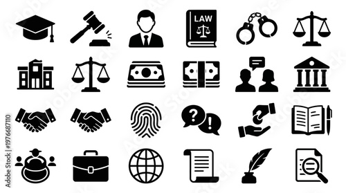 Law and Justice Icon Set: Comprehensive Legal and Judicial Symbol Collection with Gavel, Scales, Handcuffs, and Courthouse Icons