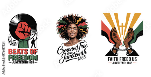 Juneteenth celebration graphics with diverse imagery and text freedom emancipation